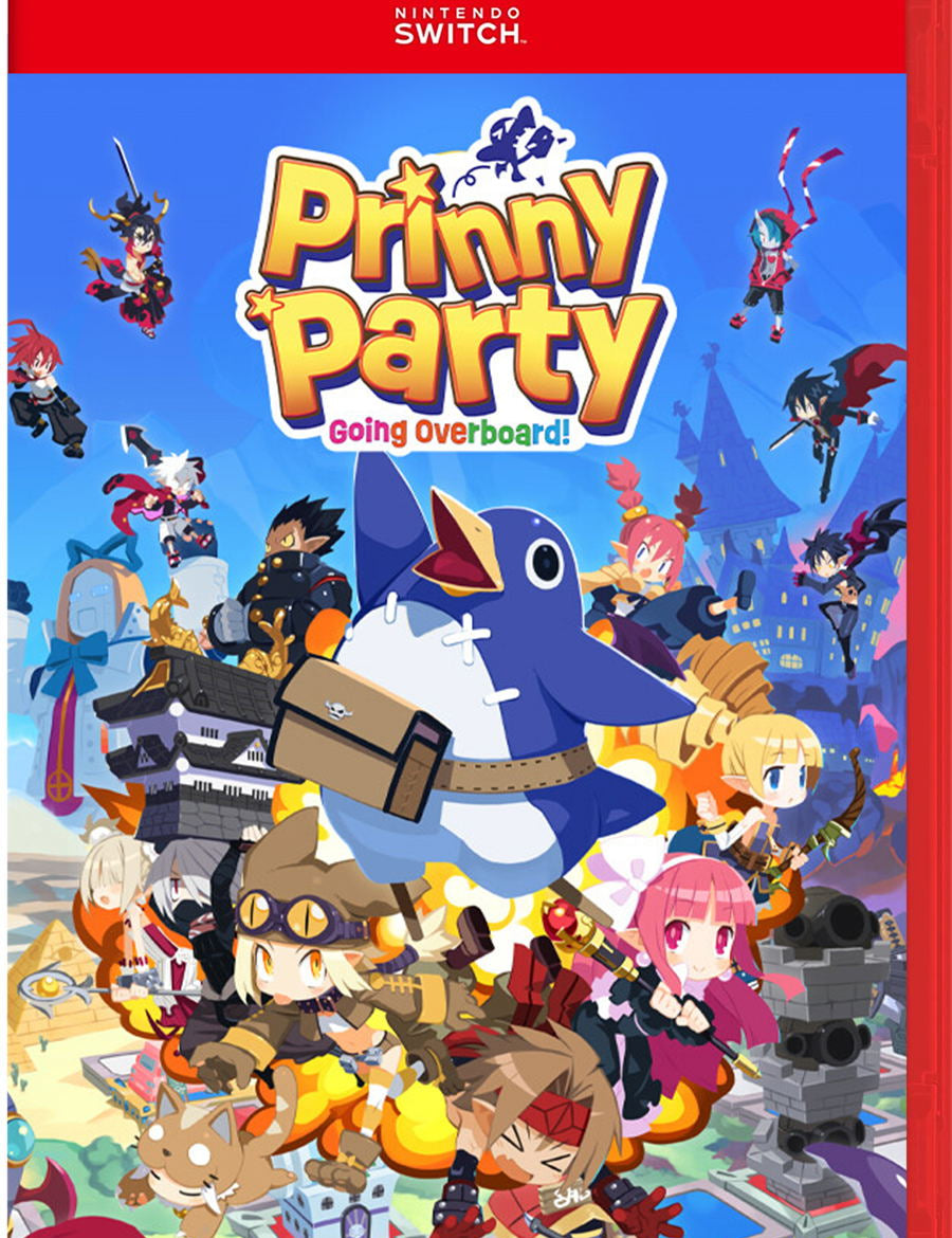 Nintendo Switch game case for Priny Party: Going overboard!, featuring colorful chibi-style characters and a bright illustrated cover with a red Nintendo Switch banner at the top.