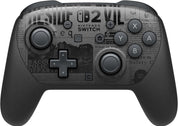 Black gaming controller with text and symbols on a white background