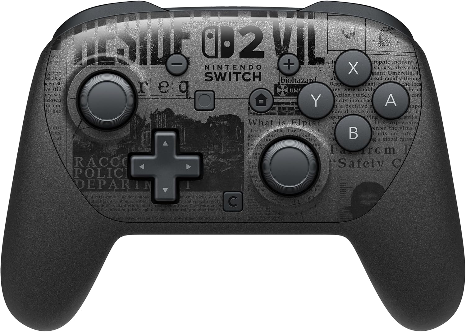 Black gaming controller with text and symbols on a white background