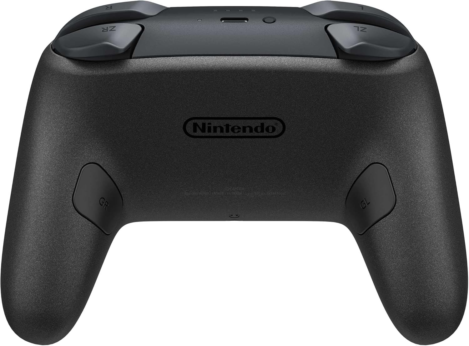 Black gaming controller with Nintendo logo on a white background