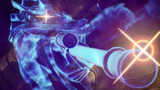A stylized digital illustration of a futuristic soldier in a black hat and jacket, glowing with blue and purple energy effects, holding a rifle with glowing orange laser beams crossing over it.