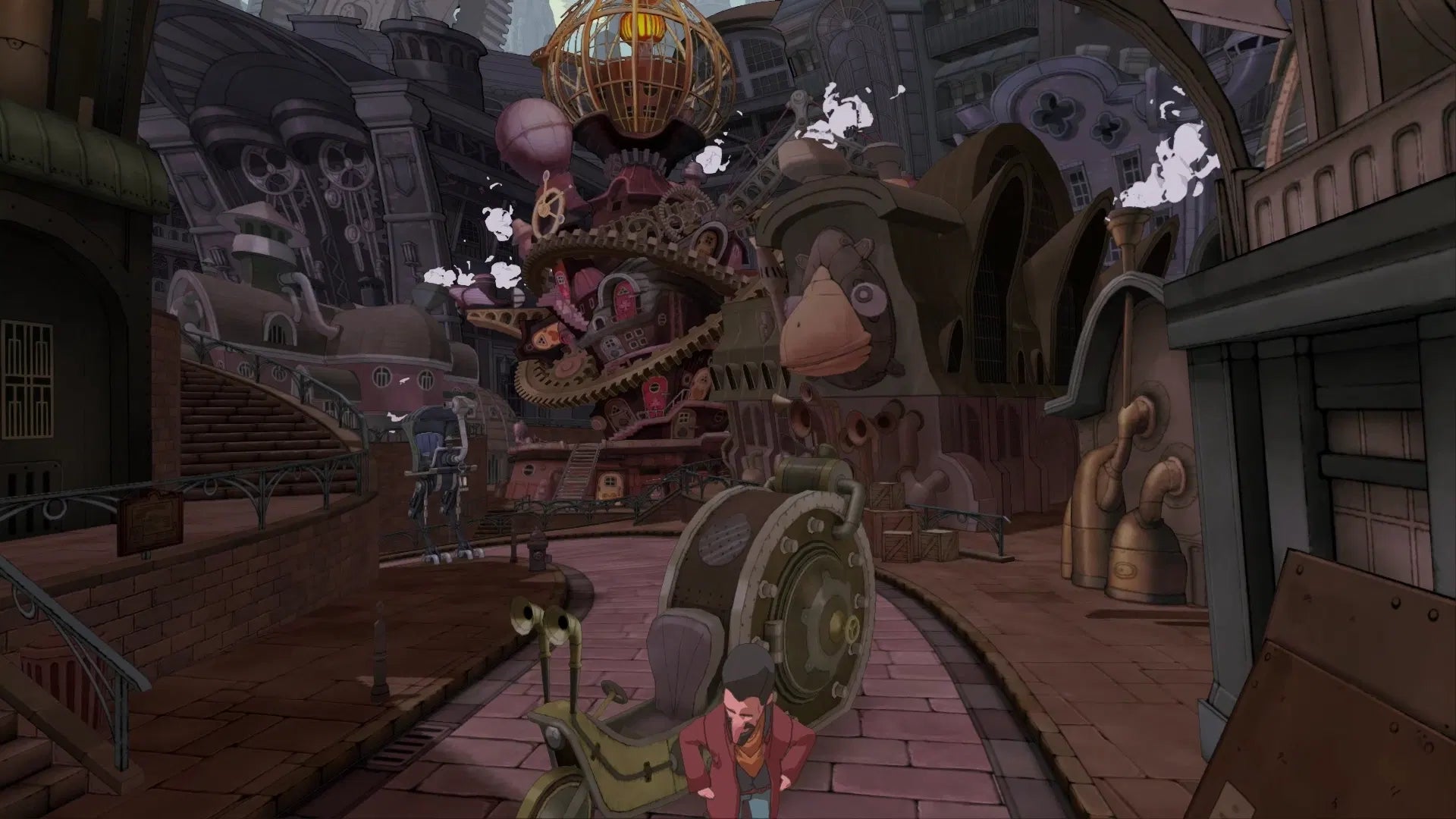 A stylized steampunk city scene with large mechanical structures, gears, pipes, and a small character in a pink jacket standing in a street in front of a giant clock-like machine.