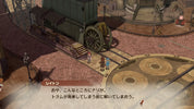 A screenshot from a stylized video game or anime scene showing a train station platform with a large steam locomotive, tracks, and two small characters standing near the train. Japanese text appears in a dialogue box at the bottom.