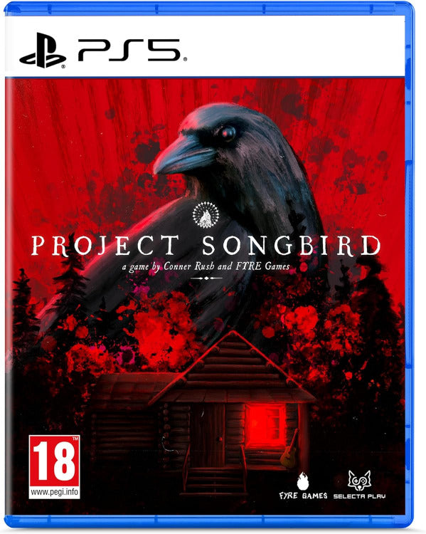 PS5 game case for Project Songbird, featuring a large black raven over a red splattered background with a small cabin and a glowing red window. Visible branding includes PlayStation 5 at the top and Firefly Games at the bottom.