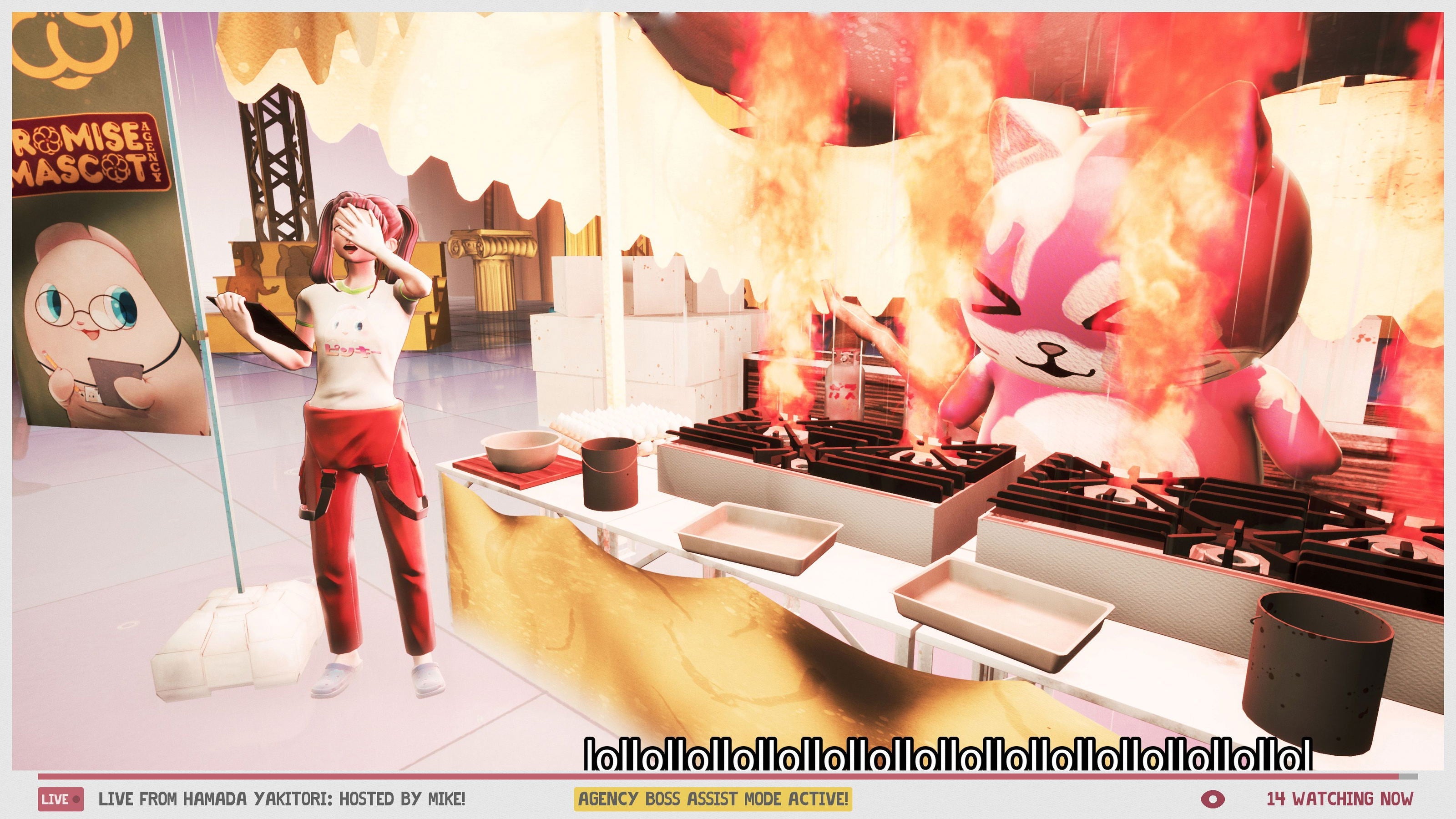 Animated character in a kitchen with flames and a mascot in the background