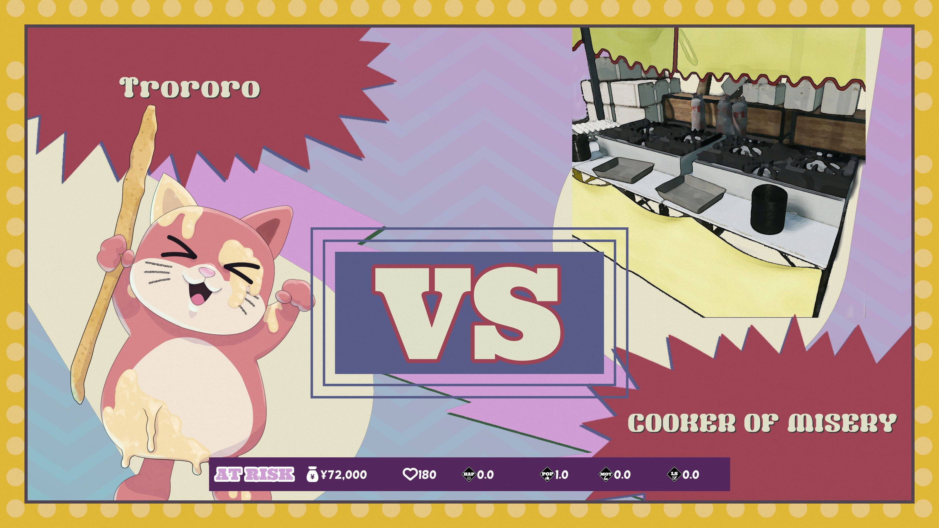 Cartoon character with a 'VS' sign and kitchen illustration, featuring the brand 'Troporo'.