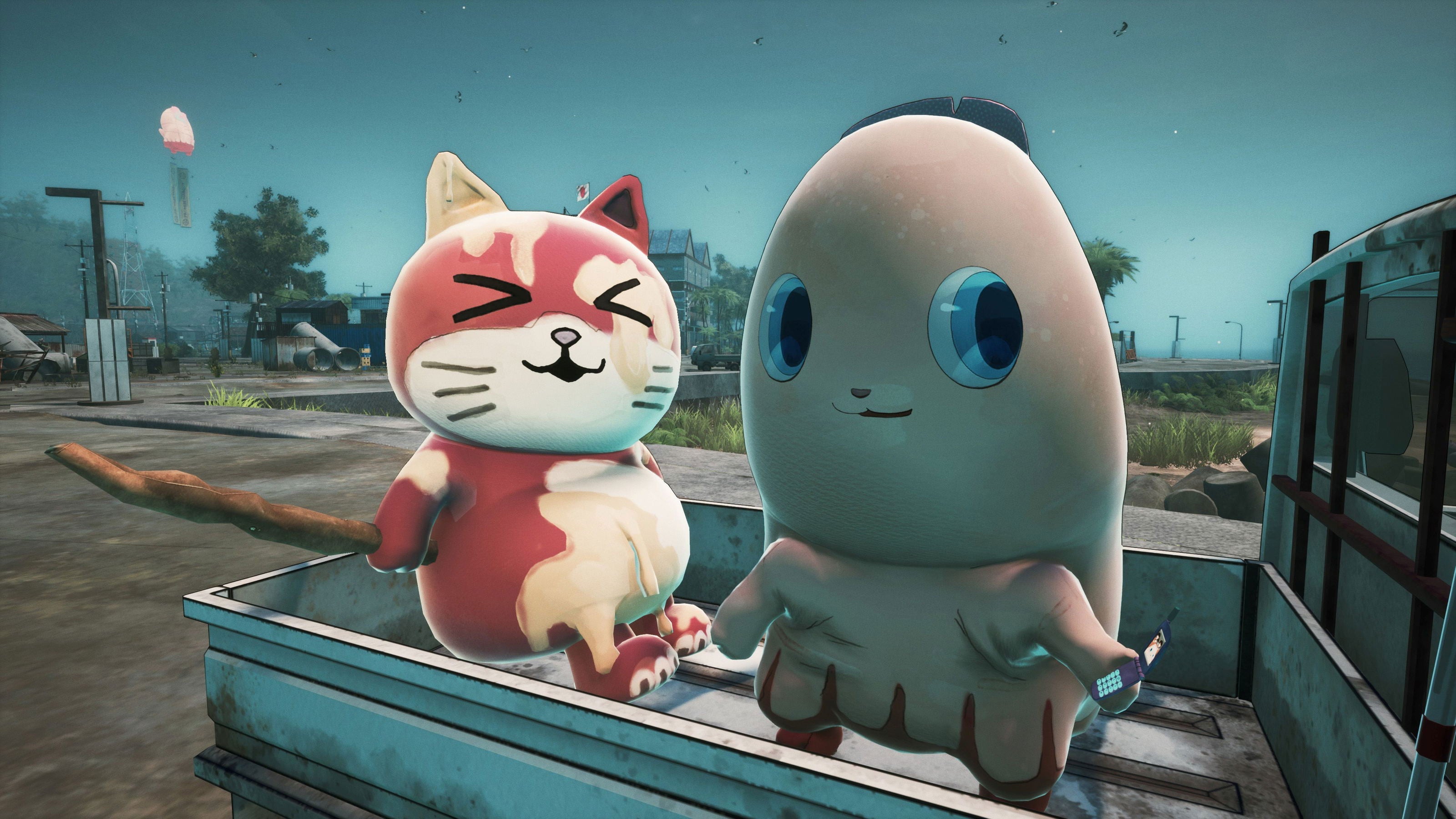 Two cartoon characters, a cat-like creature and an octopus-like creature, sitting on a vehicle in a desolate area.