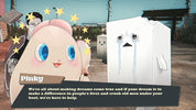Animated character Pinky with a speech bubble and a cardboard cutout of a ghost-like figure in a junkyard setting.