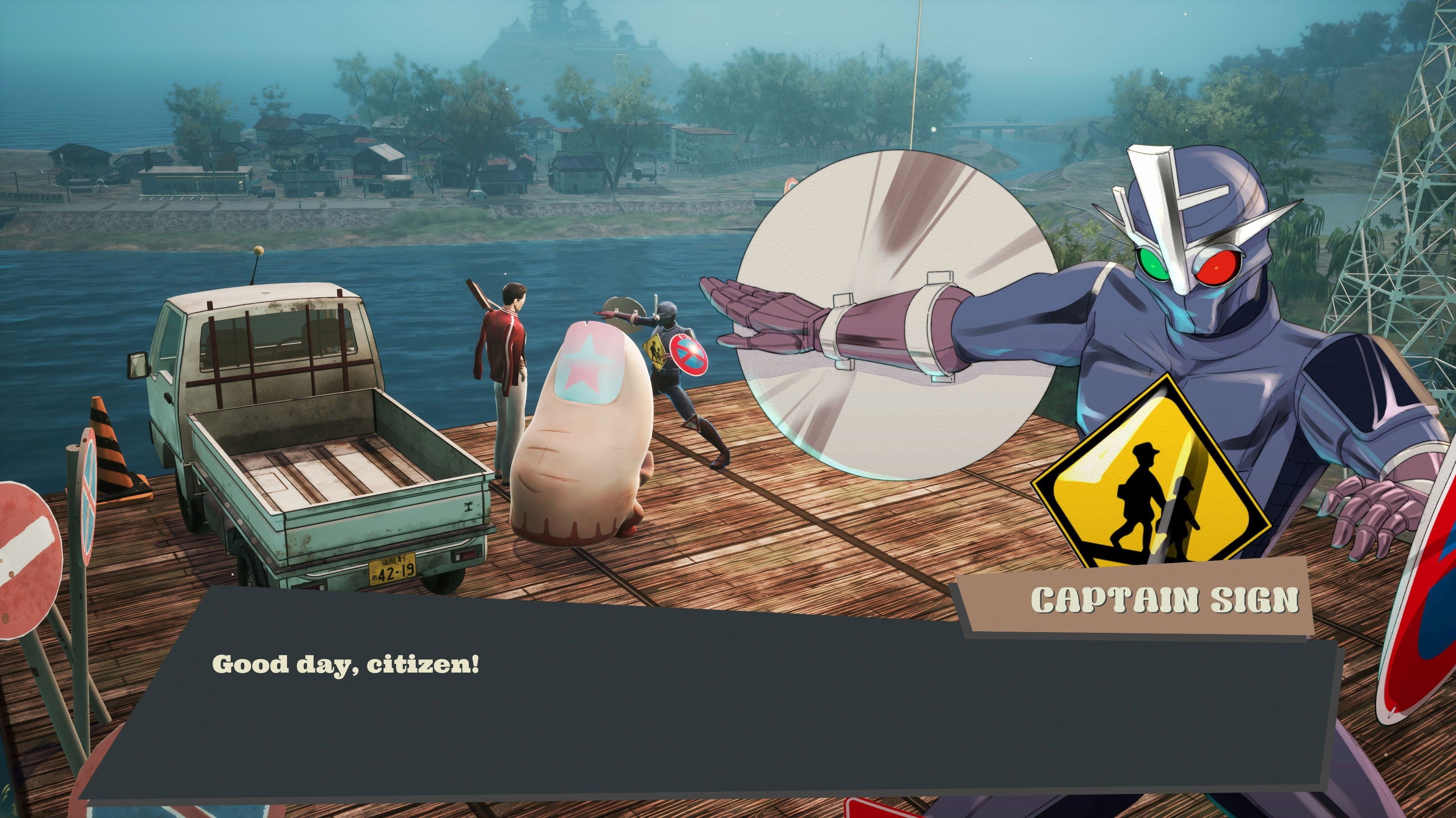 Animated character with a sign labeled 'Captain Sign' on a dock with people and vehicles.