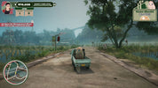 Game screen showing a truck with a character in the back on a road with trees and water in the background.