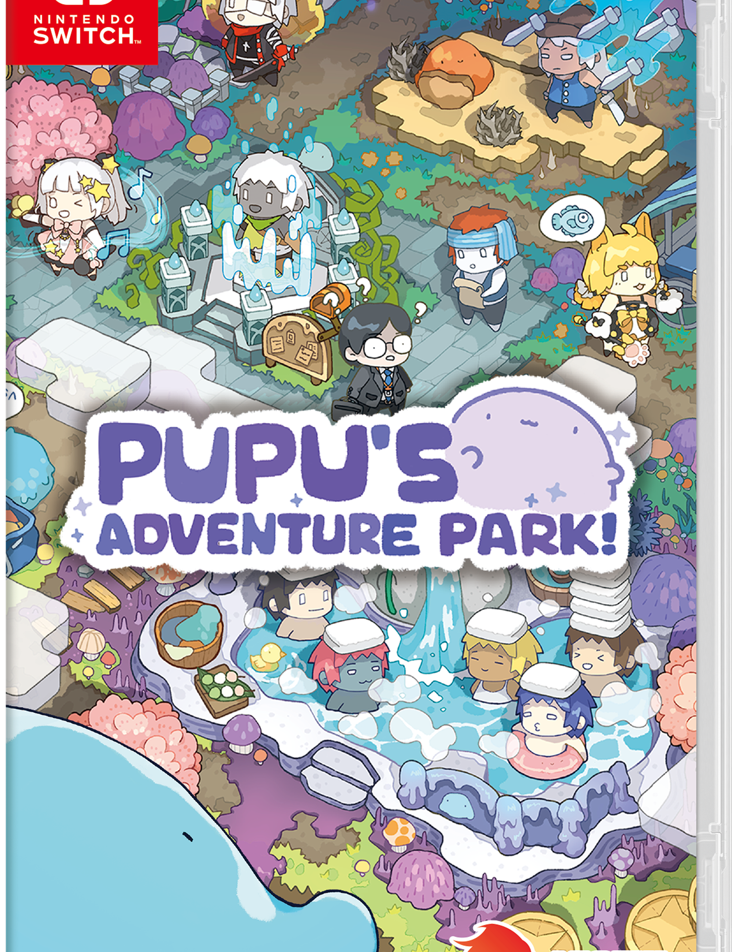 Nintendo Switch game case cover for Pupu's Adventure Park!, featuring colorful illustrated characters and environments, with the Nintendo Switch logo in the top-left corner and the LeoFul publisher logo in the bottom-right.