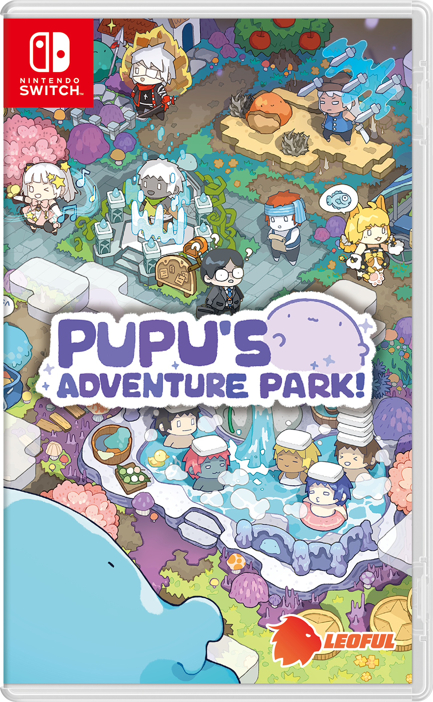 Nintendo Switch game case cover for Pupu's Adventure Park!, featuring colorful illustrated characters and environments, with the Nintendo Switch logo in the top-left corner and the LeoFul publisher logo in the bottom-right.
