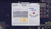 A screenshot of a game interface showing a dialogue or quest panel titled 'Spring of Life' with text boxes, level indicators, icons, and a dark fantasy background featuring floating islands.
