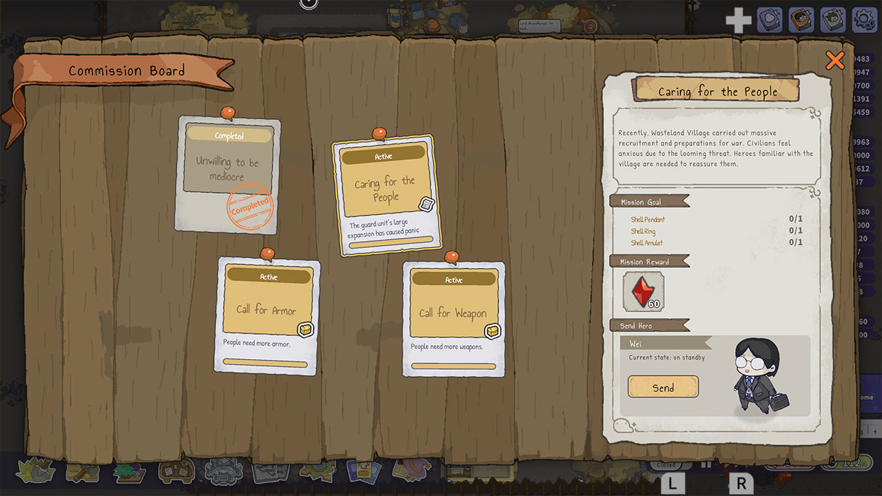 A screenshot of a game interface showing a wooden commission board with several pinned notes and a detailed note on the right titled 'Caring for the People,' including status bars and a small character illustration.