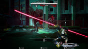A screenshot from a dark action game scene showing a character in a crouched fighting pose with a glowing pink sword, facing enemies in an urban street setting at night. Game UI elements, health bar, and combat text are visible.