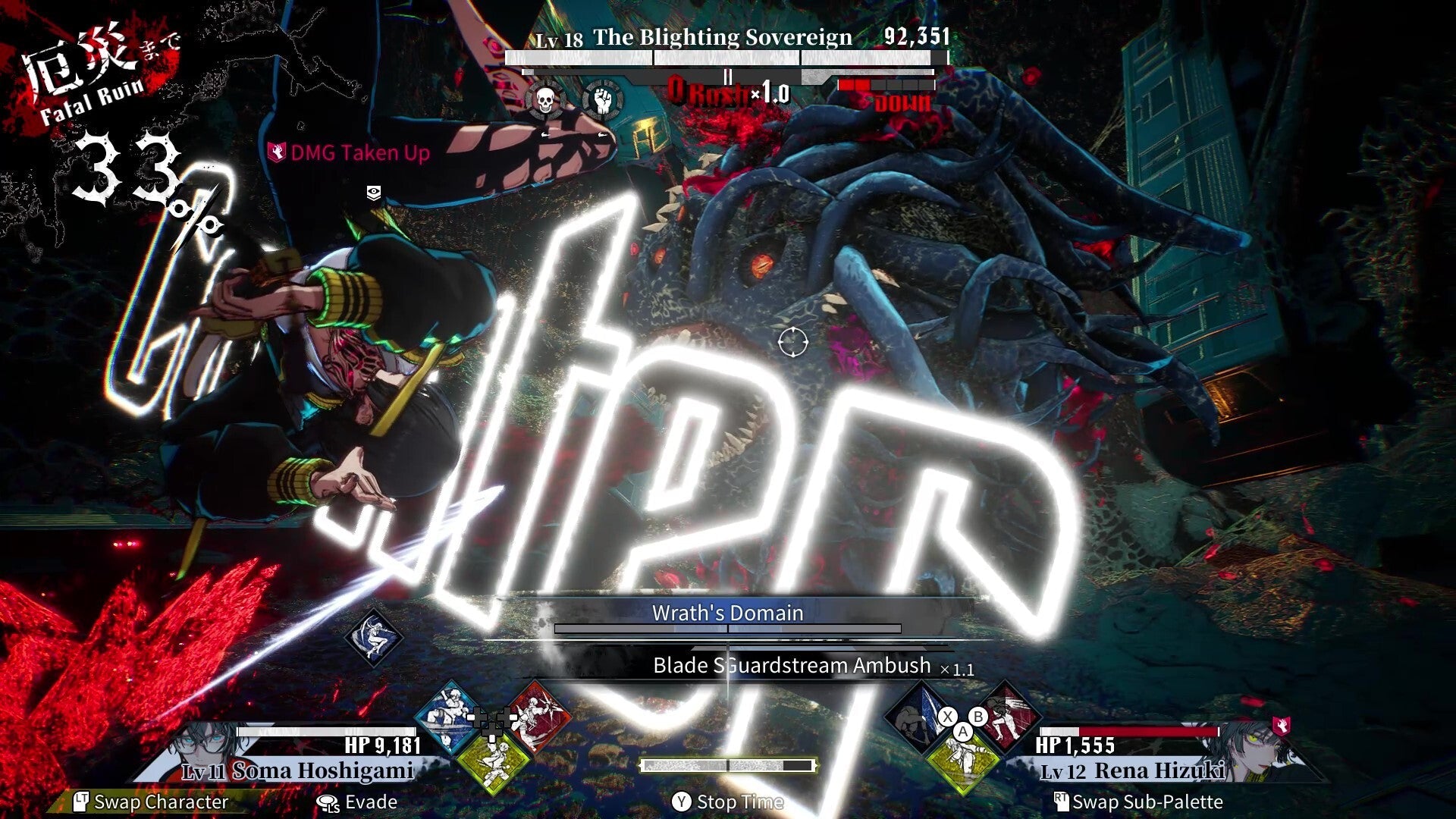A screenshot from a dark, action-packed video game scene with a stylized neon 'G' graphic overlay, showing a character in a black outfit with red and gold accents in combat, alongside UI elements and health bars.