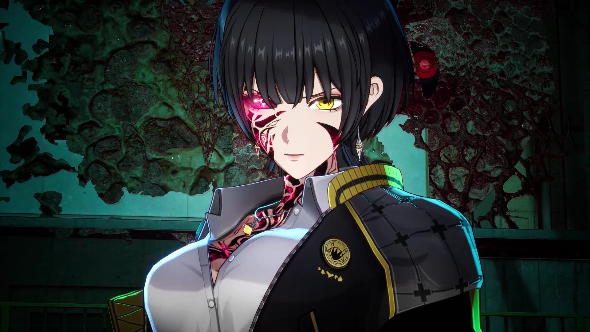 Anime-style character portrait of a woman with short black hair, one red eye, and a dark military-inspired uniform with gold trim, set against a dim greenish background.