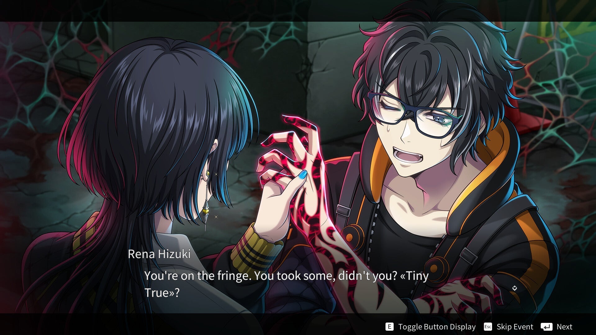 An anime-style digital illustration showing two characters in a dark, moody scene. The character on the right wears glasses and a black jacket with orange lining, holding the hand of the character on the left, who has short dark hair with blue and pink highlights.