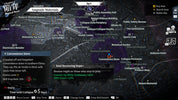 A screenshot of a video game map interface titled 'Amplemp Materials' showing a dark tactical city layout with labeled buildings, landmarks, and interactive zones. The map includes text such as 'Shimokita Hachiman,' 'Conventione Store,' and 'Soul-Devouring Hope.