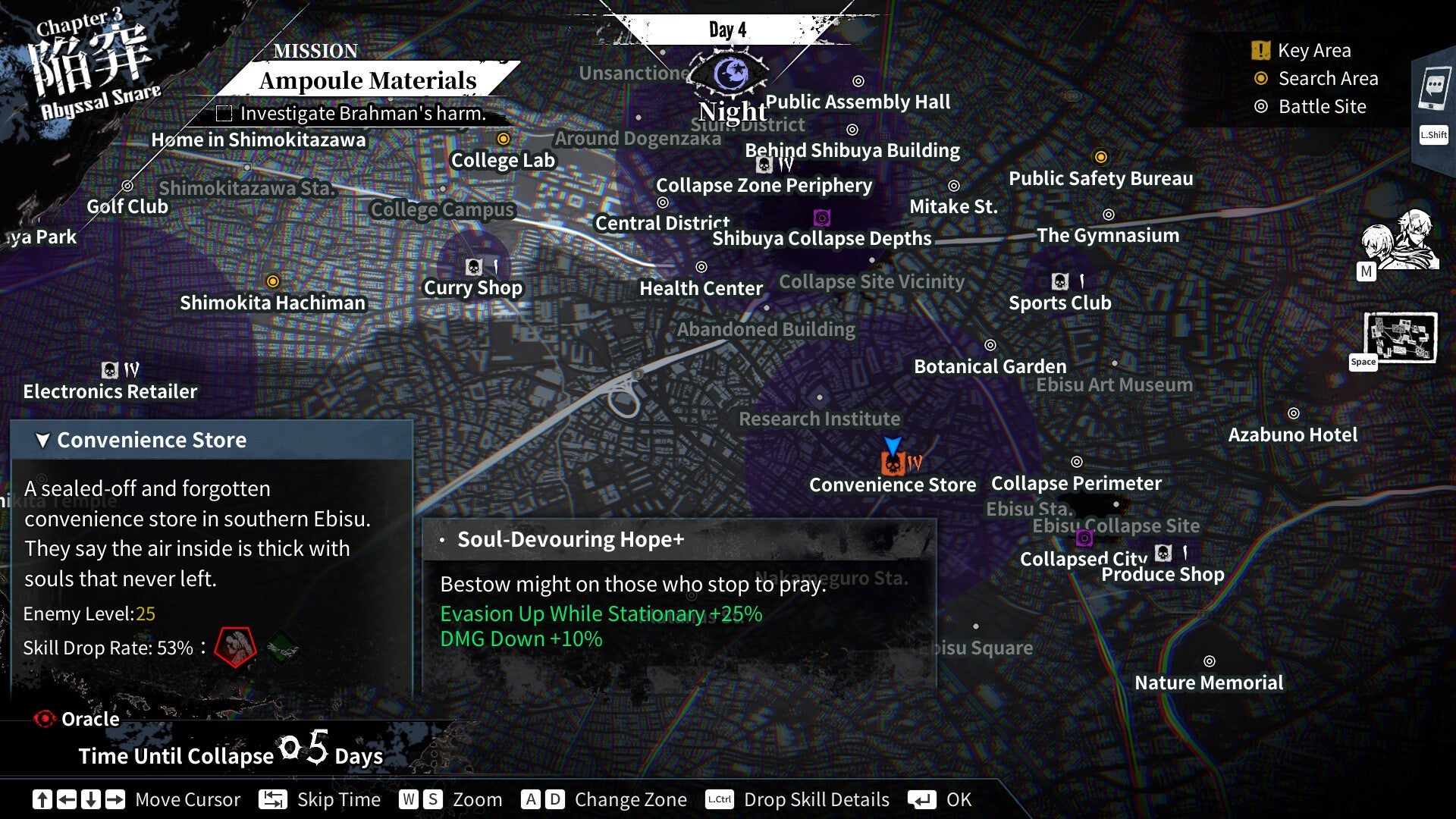 A screenshot of a video game map interface titled 'Amplemp Materials' showing a dark tactical city layout with labeled buildings, landmarks, and interactive zones. The map includes text such as 'Shimokita Hachiman,' 'Conventione Store,' and 'Soul-Devouring Hope.