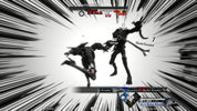 A black and white action game screenshot showing two stylized humanoid characters in a dynamic combat pose against a radial speed-line background. UI elements, health bars, and text labels are visible at the top and bottom.