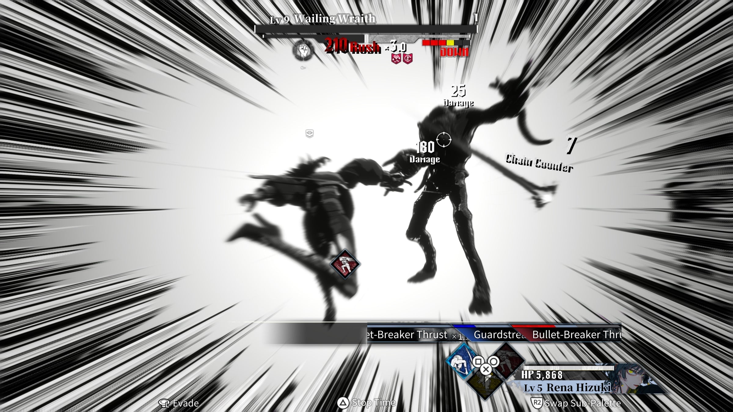 A black and white action game screenshot showing two stylized humanoid characters in a dynamic combat pose against a radial speed-line background. UI elements, health bars, and text labels are visible at the top and bottom.