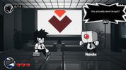 Cartoon character in a room with a large screen displaying a red and white logo, with a dialogue box asking 'You actually want to quit?'.