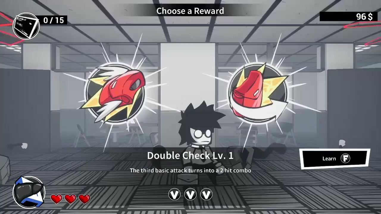 Game interface showing a character with 'Double Check Lv. 1' and two reward options on a gray background.
