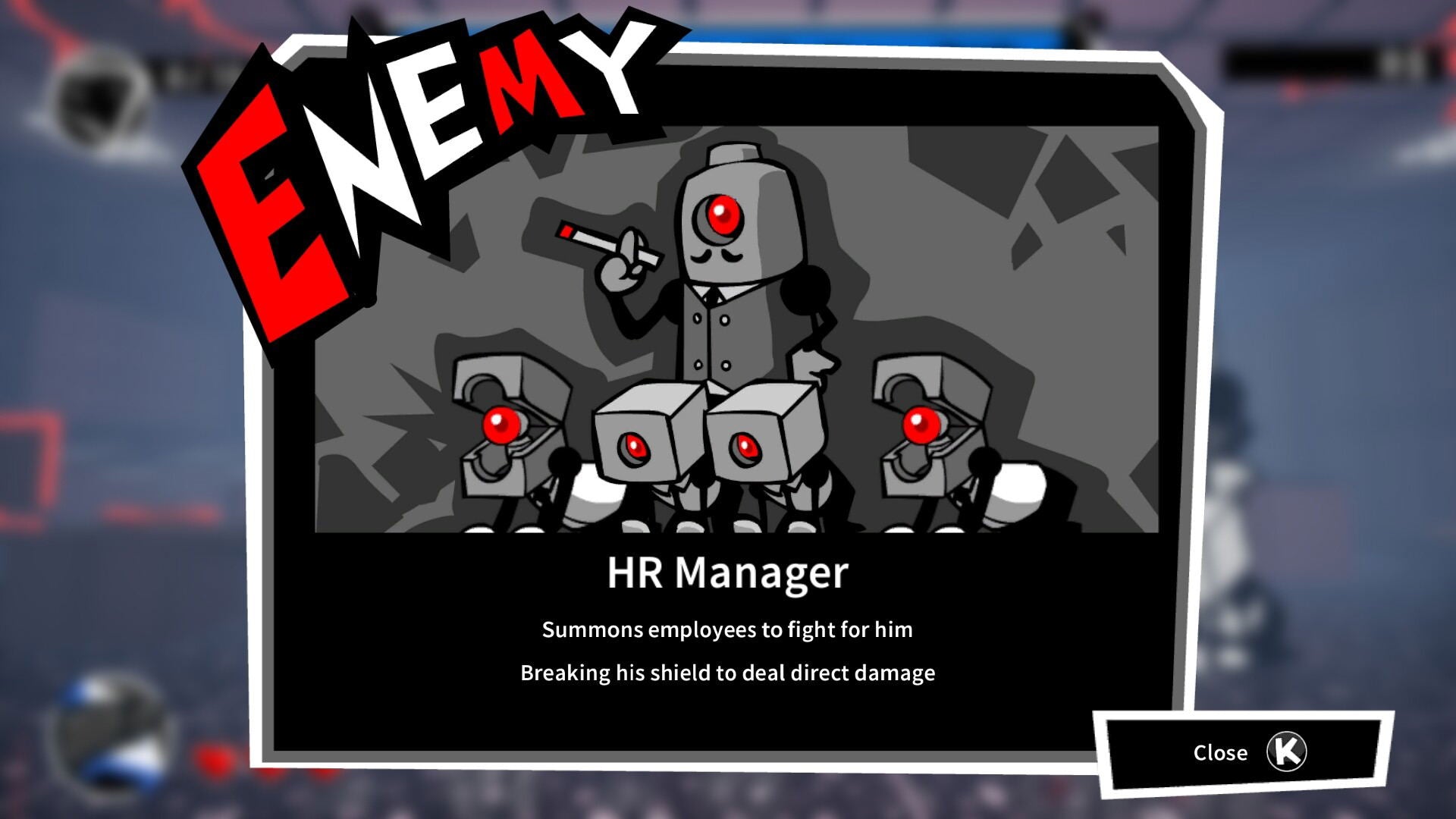 Game enemy character named 'HR Manager' with red eyes and a shield, displayed on a screen.