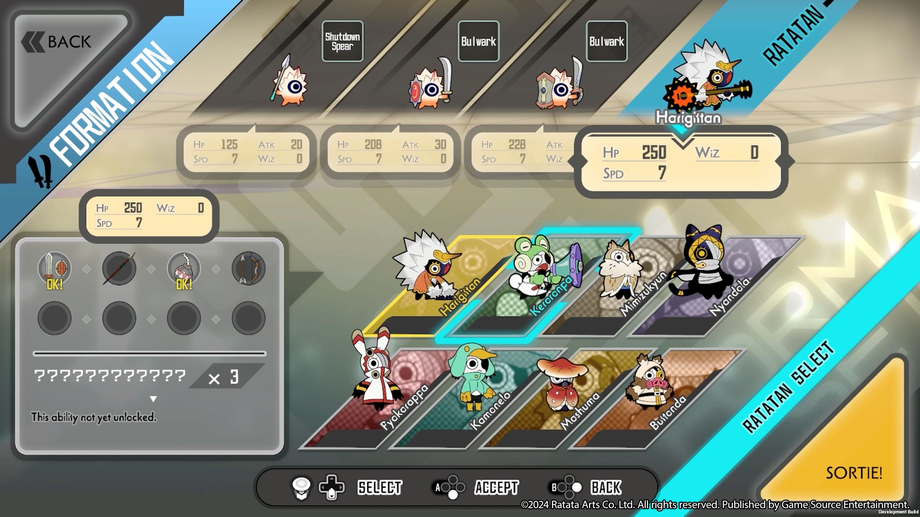 Game interface with character selection and formation options on a colorful background