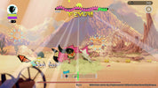 Game screen with character in a desert-like environment, featuring vibrant colors and dynamic action elements.
