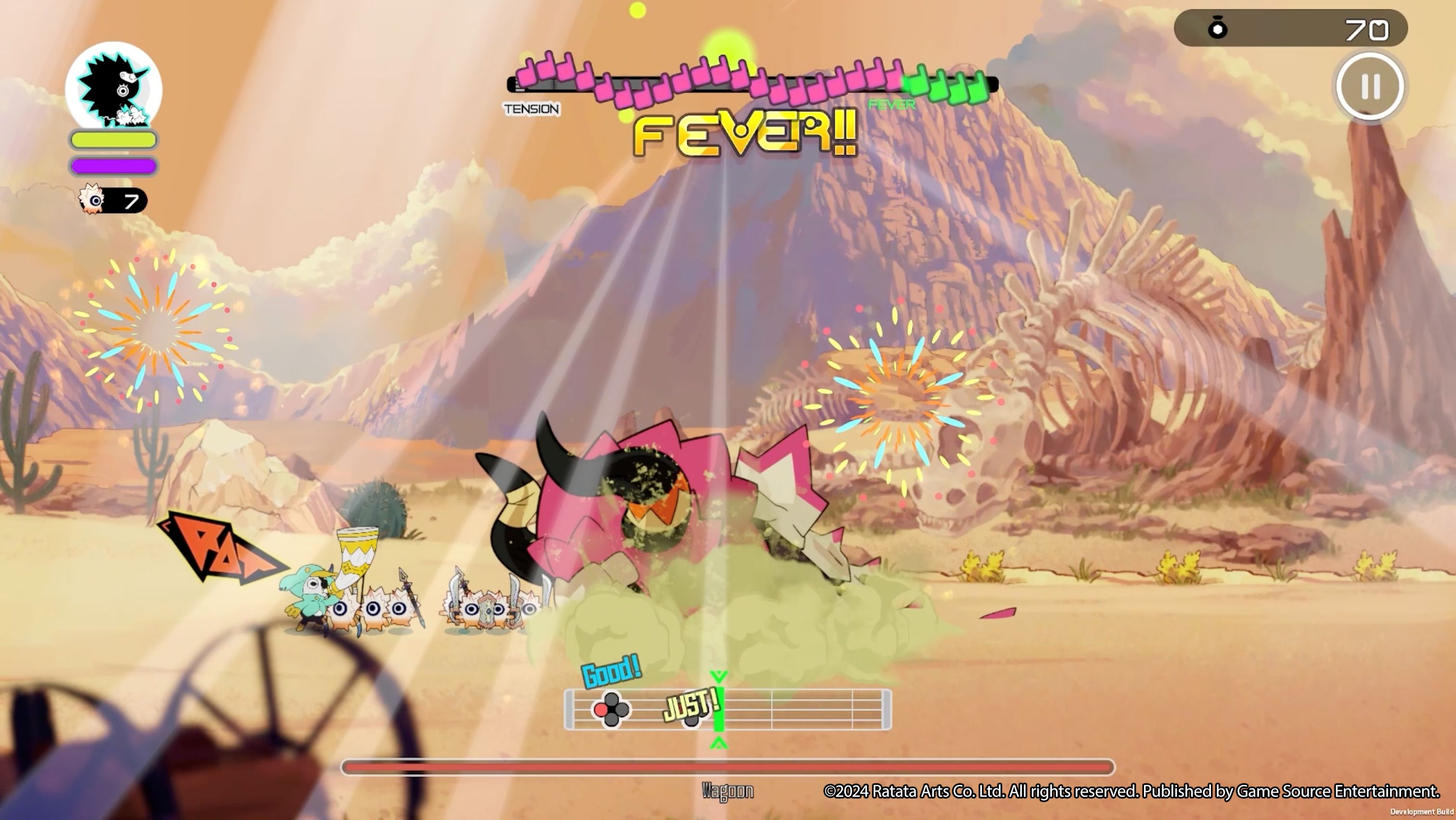 Game screen with character in a desert-like environment, featuring vibrant colors and dynamic action elements.