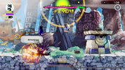 Game screen with character in a battle scene, colorful graphics, and text indicating 'Fever' and 'Attention'.