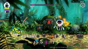 Video game screen with a jungle setting, characters, and a robot-like creature.