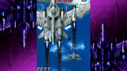 Vintage video game screen with fighter jet graphics on a purple and blue background