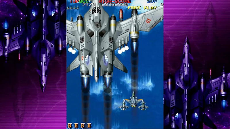 Vintage video game screen with fighter jet graphics on a purple and blue background