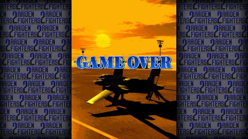 Game over screen with fighter jet silhouette and ' RAIDEN 2' branding