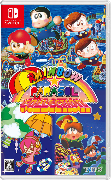 Game case for 'Rainbow Parasol Collection' on Nintendo Switch with colorful characters and umbrellas.