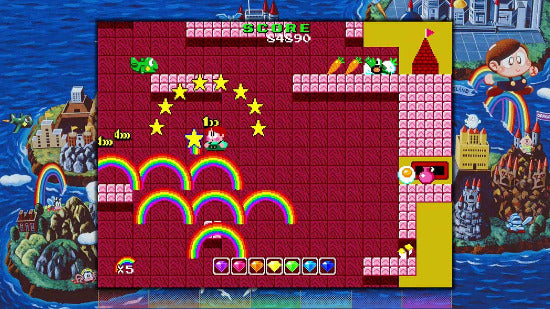 Screenshot of a retro-style platformer game with colorful levels and characters.