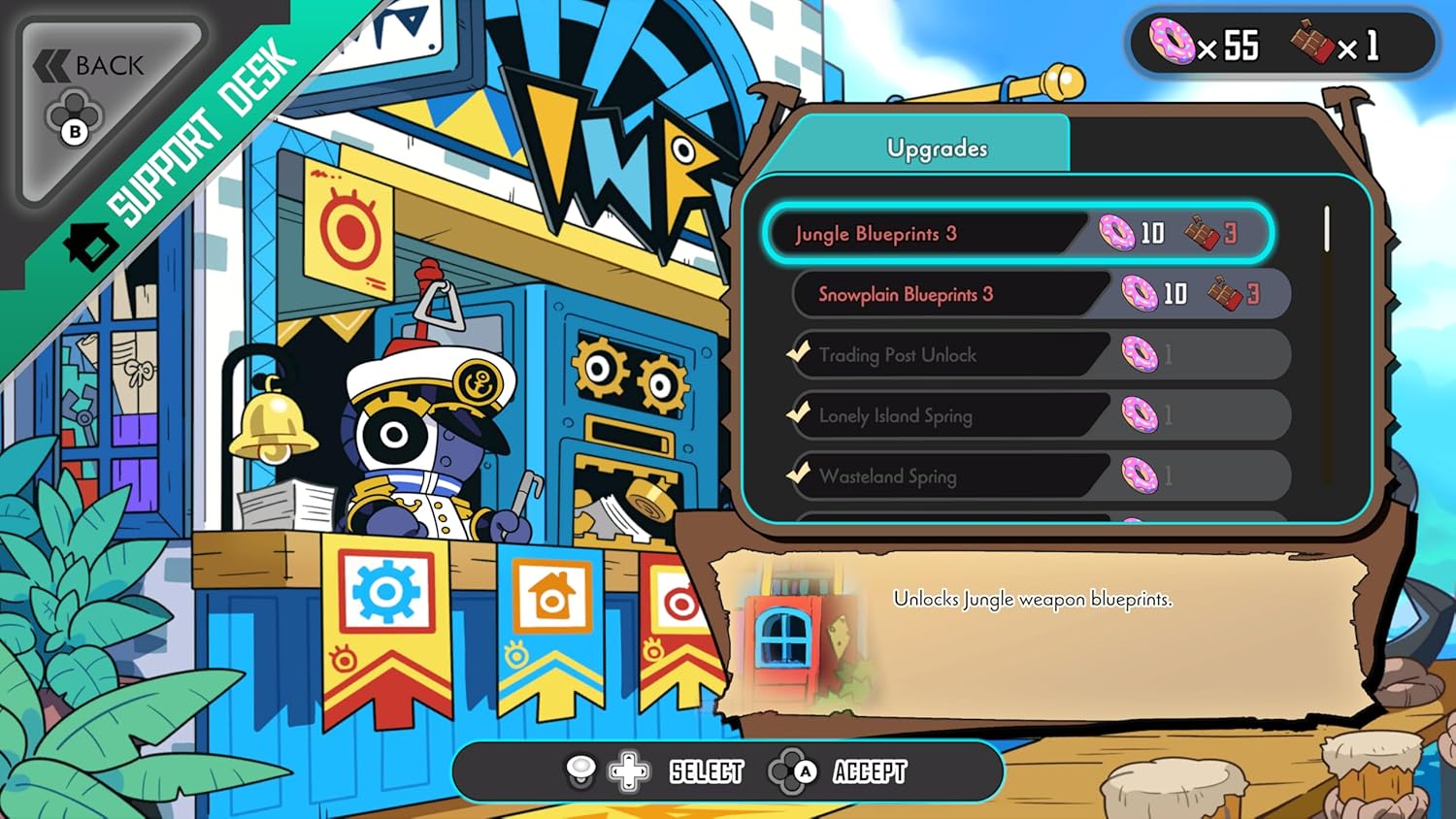 Game interface with character and upgrade menu in a colorful setting
