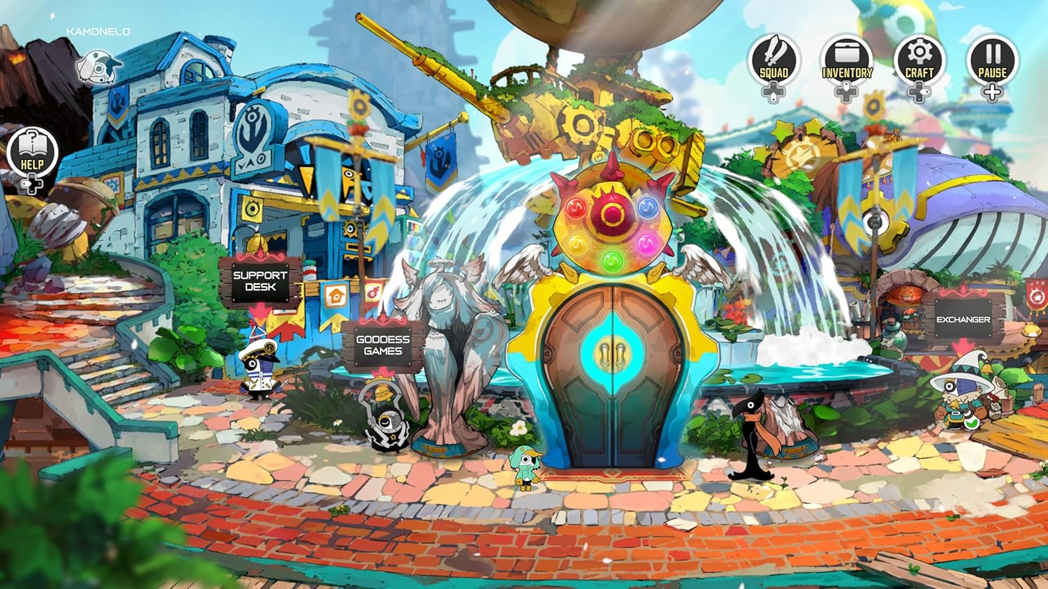 Colorful animated scene with a large, decorative fountain and various characters and structures.