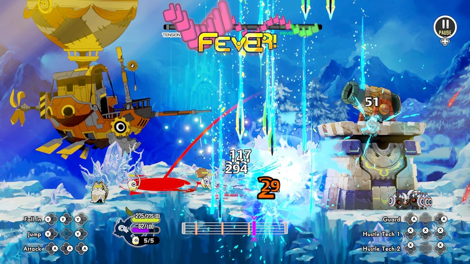 Action-packed scene from a video game with characters and effects on a blue background