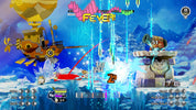 Action-packed scene from a video game with characters and effects on a blue background