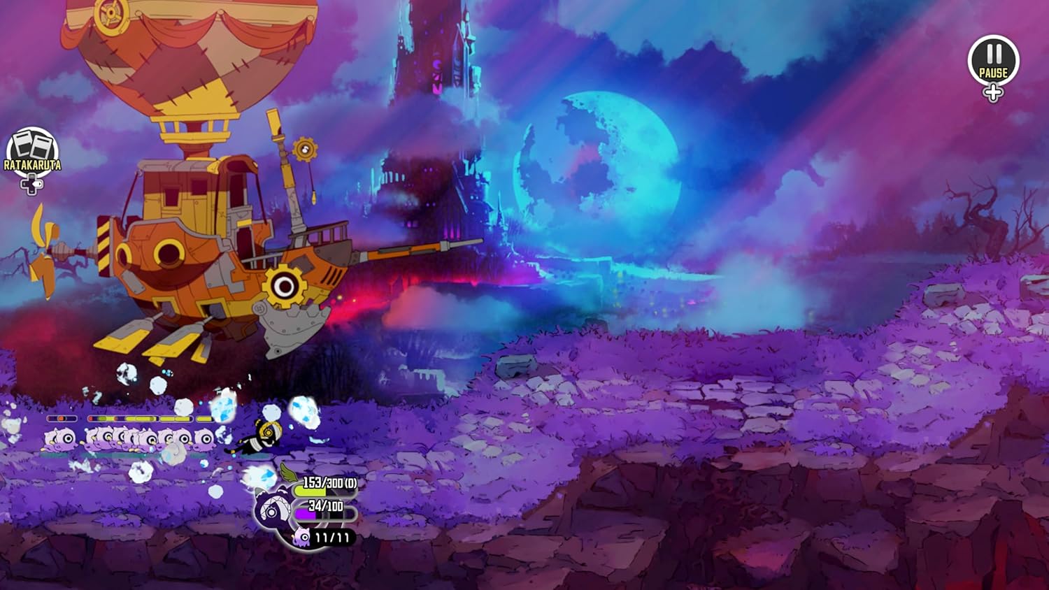 Colorful pixel art scene with a hot air balloon and fantasy landscape