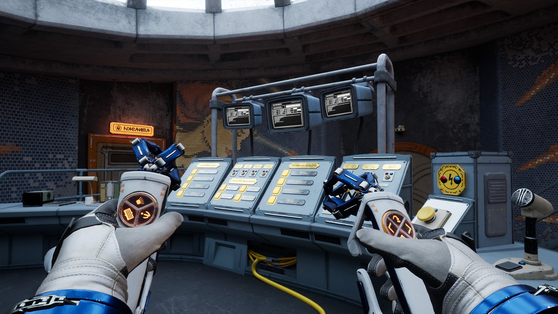 Gloved hands interacting with a futuristic control panel in a sci-fi setting