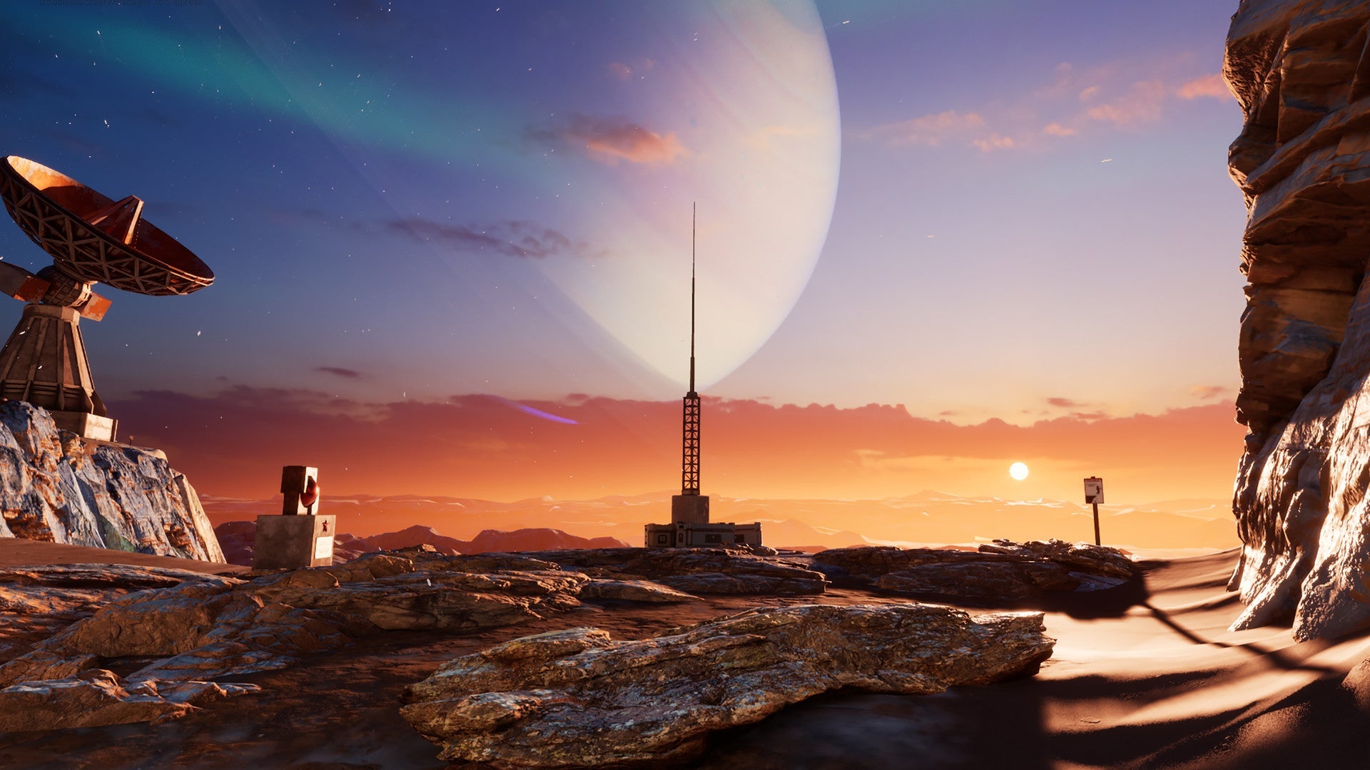 Scenic view of a desert landscape with a large planet in the sky