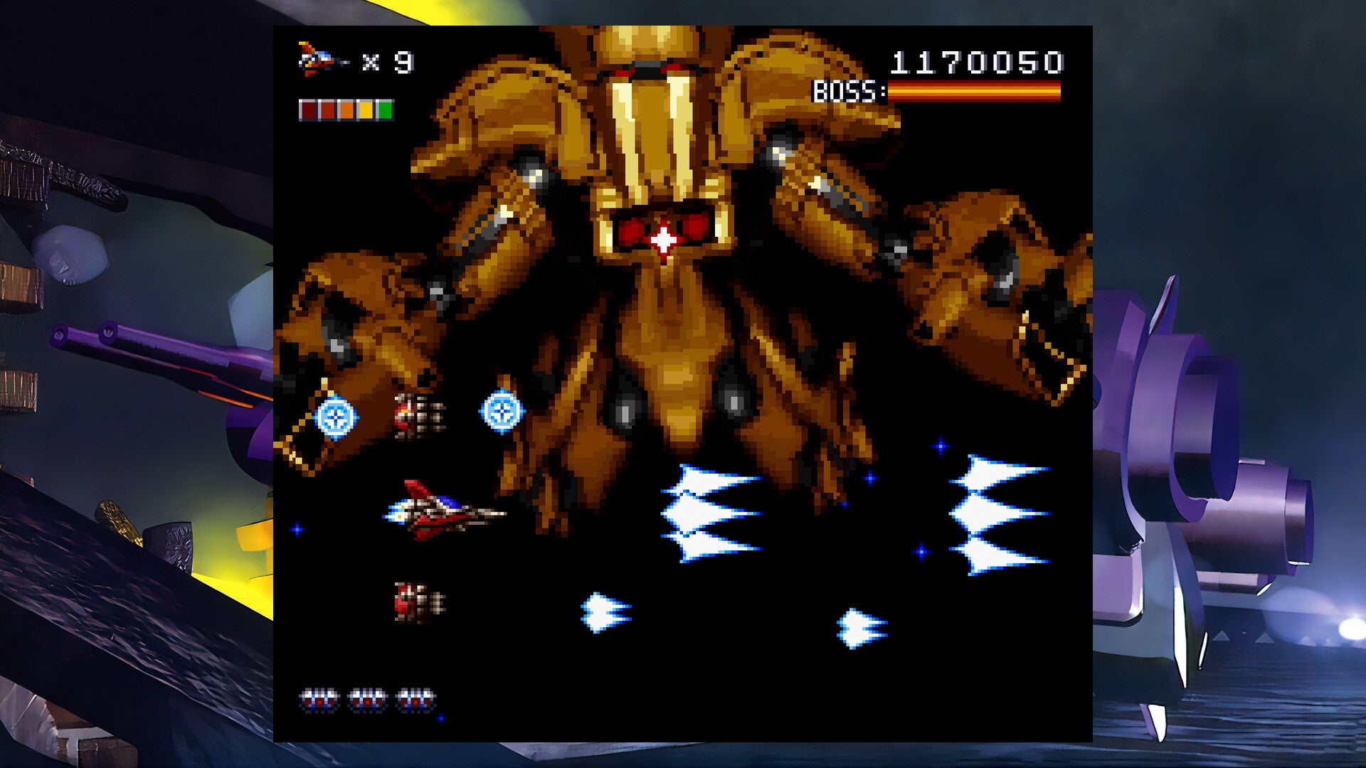 Video game screen showing a boss battle with a large enemy robot in the center.