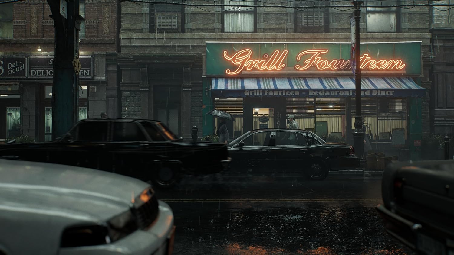 Vintage cars parked in front of a building with a neon sign reading 'Grill Fourteen'.