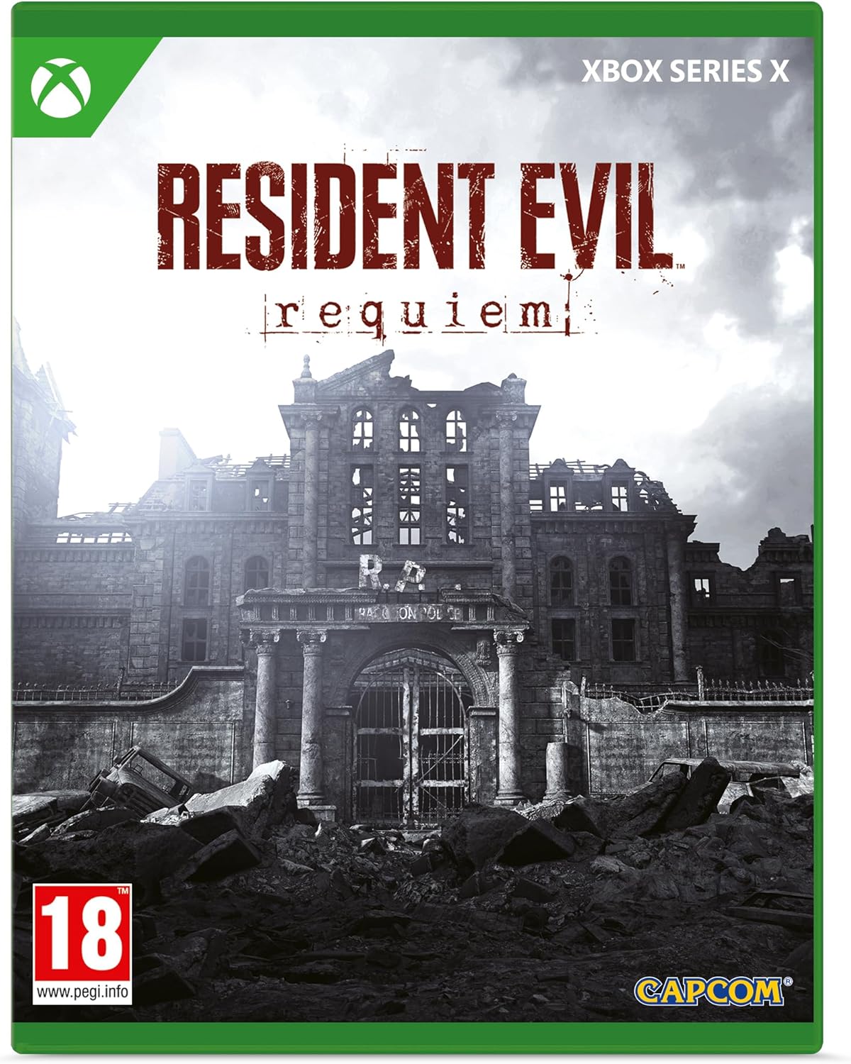 Game box for 'Resident Evil Requiem' on Xbox Series X with a destroyed building in the background.