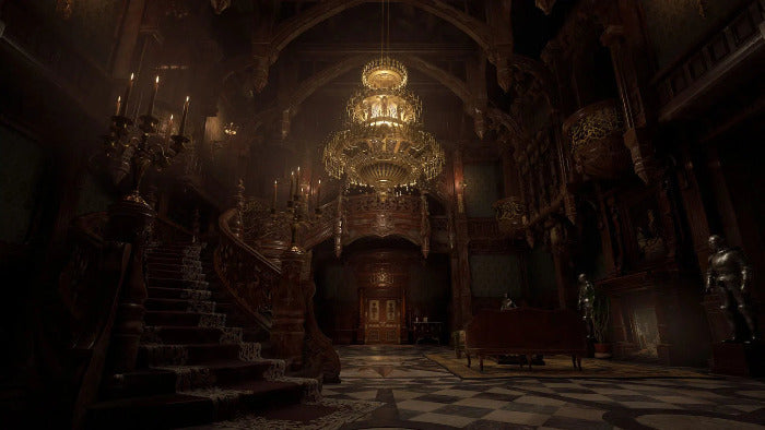 Dark, ornate interior with a grand staircase and chandelier